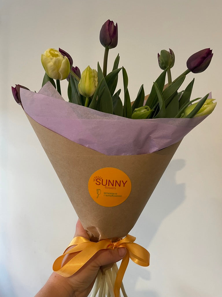 Hand picked tulip bunch wrapped in kraft paper, locally grown in Havelock North