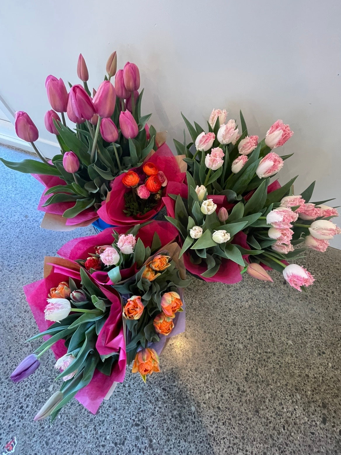 Mixed tulip bouquet including fringed and double varieties, Sunny Flowers NZ