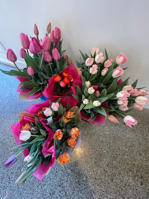 Mixed tulip bouquet including fringed and double varieties, Sunny Flowers NZ