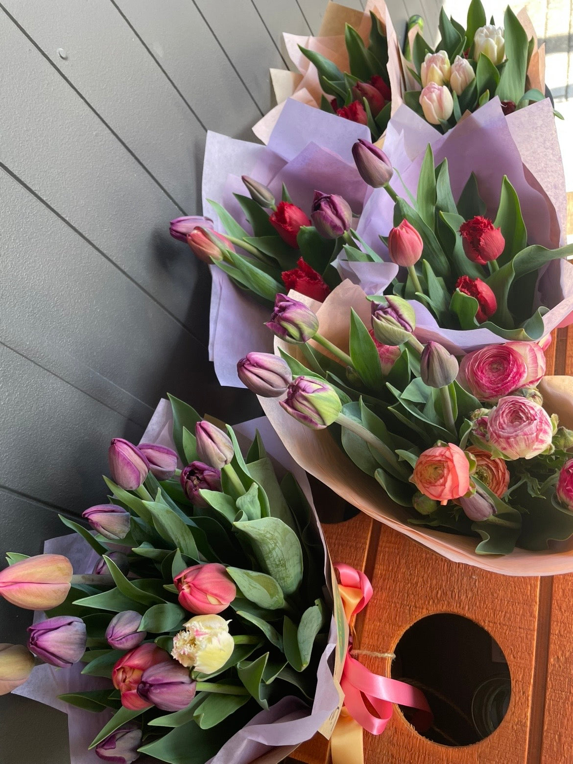 Mixed tulip bouquet including fringed and double varieties, Sunny Flowers NZ